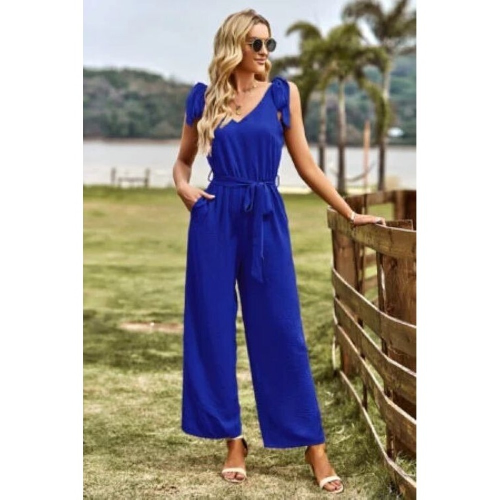 Women S Blue Asymmetrical Wide Leg Surplice Belted Adjustable Tie Jumpsuit Retro